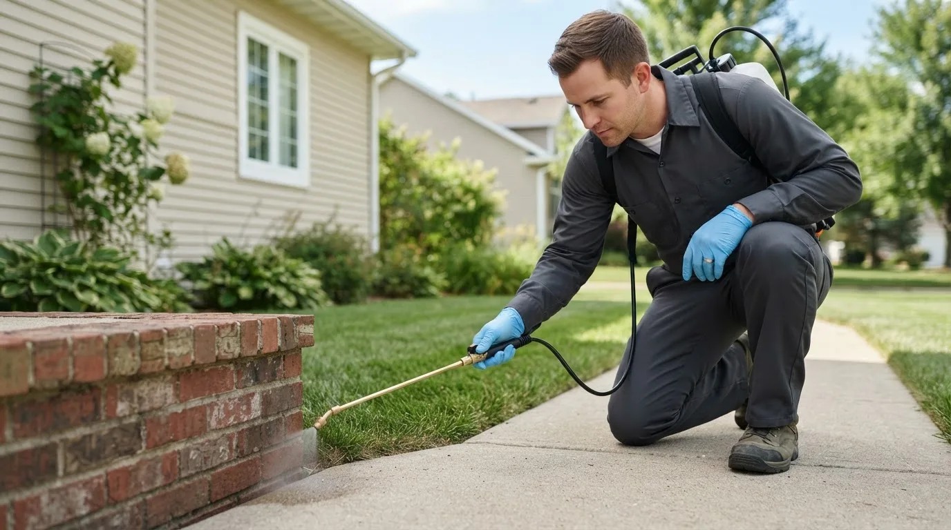 Pest control technician treating a home near Chouteau, OK