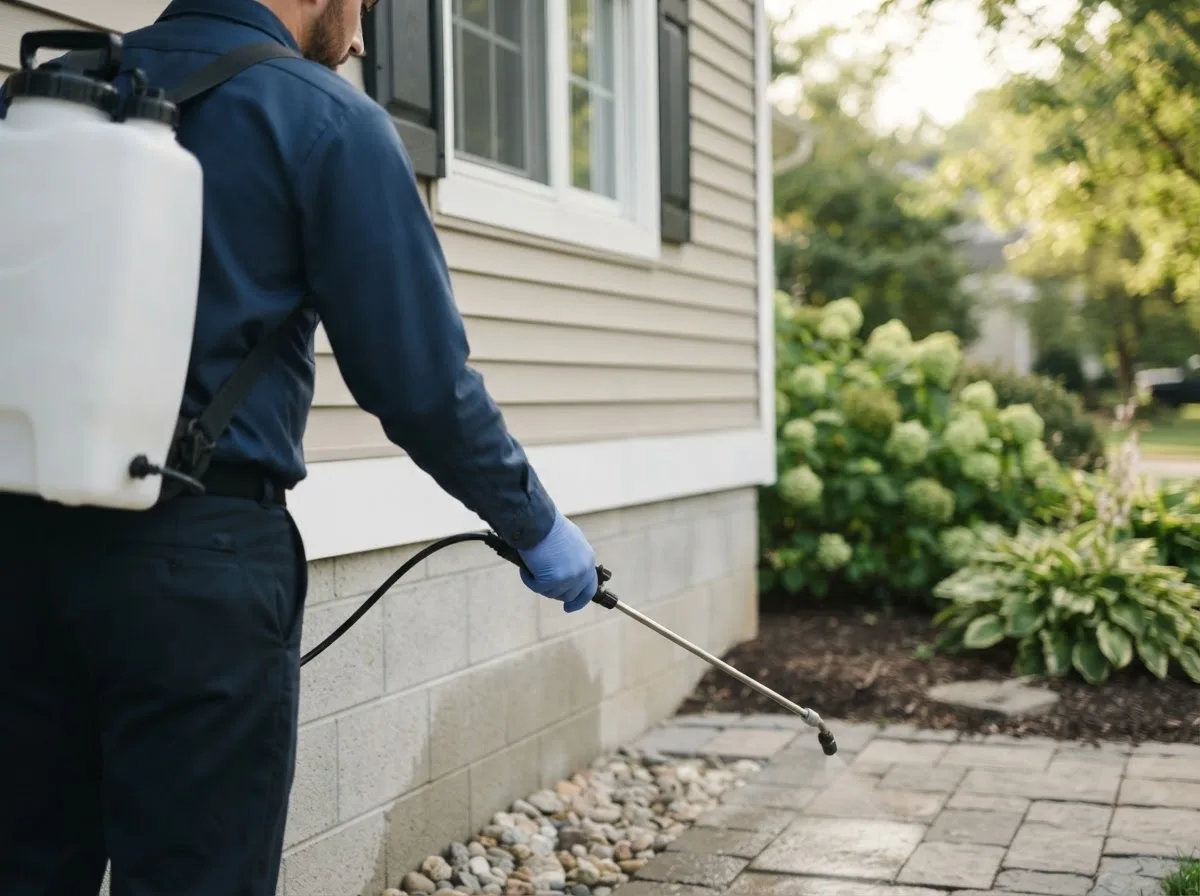 Pest control technician inspecting a home in Chouteau, OK